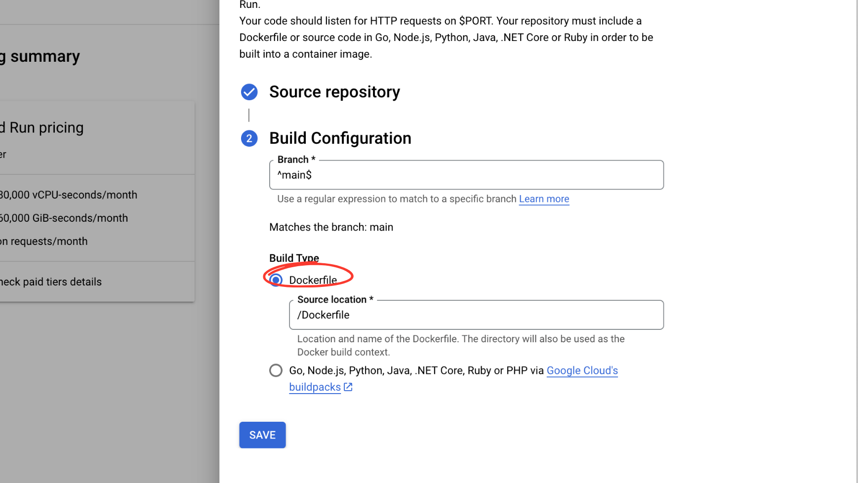 image choose Dockerfile build type